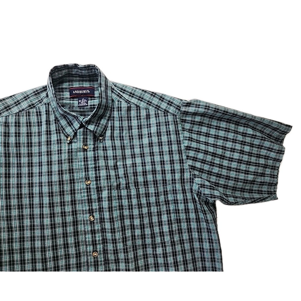 Andhurst Men's LT Green &‎ Black Plaid Short Sleeve Button Shirt Lightweight EUC